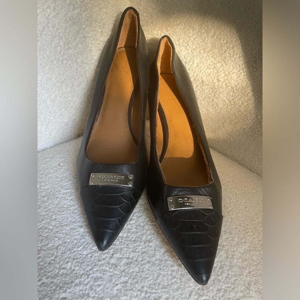 Coach Black Leather Heels with Silver plate size 8 NWOT
